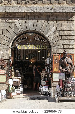 Montepulciano, Italy - July 19, 2017: Entrance Of Traditional Wine Shop In Montepulciano, Tuscany, I