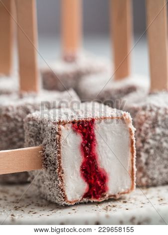 Homemade Raw Lamington Ice Cream Pops On Light Background. Australian Sweet Dessert Lamington With C