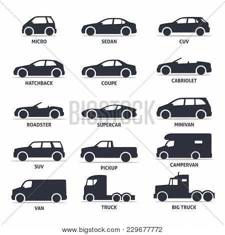 Car Type And Model Objects Icons Set, Automobile. Vector Black Illustration Isolated On White Backgr