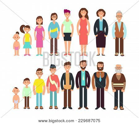 Stages Of Growth People. Children, Teenager, Adult, Old Man And Woman Vector Characters Set. Develop