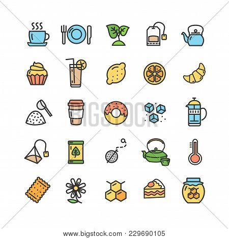 Tea Ceremony Color Thin Line Icon Set Isolated On White Background Include Of Herbal And Lemon. Vect