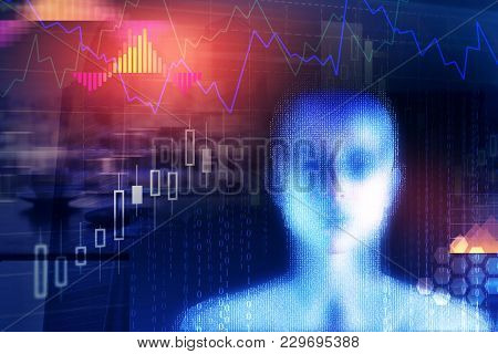 Creative Digital Binary Code Female Head On Blue Background. Computing, Cyberspace And Programming C