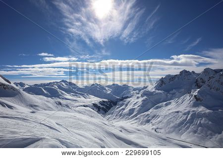 Landscape At Ski Resort In Arlberg Mountains. Austria