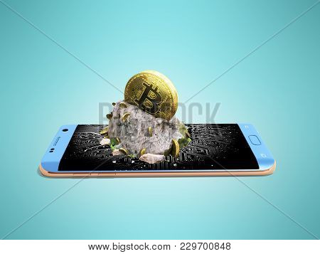 Modern Concept Of Bitcoin Mining From Phone 3d Render On Blue Background With Shadow