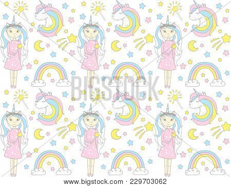 Cute Unicorn Pattern With Girl And Rainbow And Stars, Vector