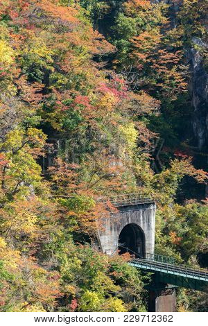 Naruko Gorge valley with rail tunnel in Miyagi Tohoku Japan