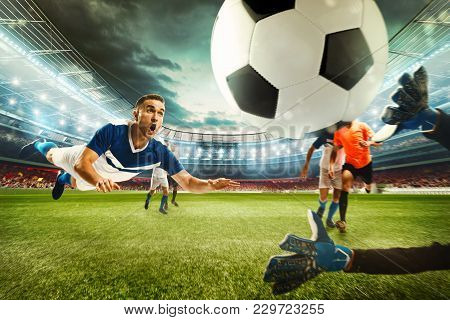 Soccer Striker Hits The Ball With His Head Towards The Net. 3d Rendering