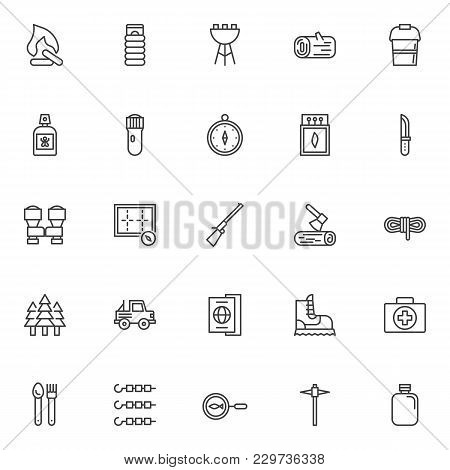 Hiking Camping Outline Icons Set. Linear Style Symbols Collection, Line Signs Pack. Vector Graphics.