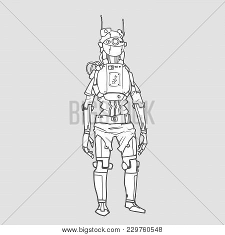 Humanoid Robot, Android With Artificial Intelligence. Contour Vector Illustration, Isolated