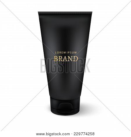 Black Elegant Plastic Tube With Black Cap. Design Cosmetics Product Advertisin. Vector Mock Up.