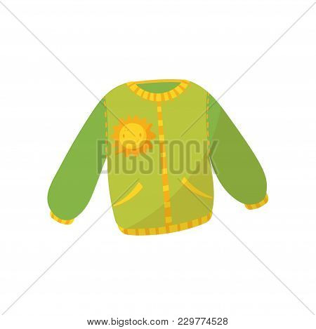 Green Warm Sweater With Pockets And Smiling Sunny Print. Children S Jumper. Cute Pullover For Toddle