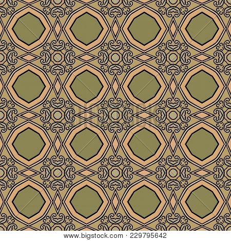 Seamless Illustrated Pattern Made Of Abstract Elements In Beige, Turquose, Peach, Light Brown And Bl