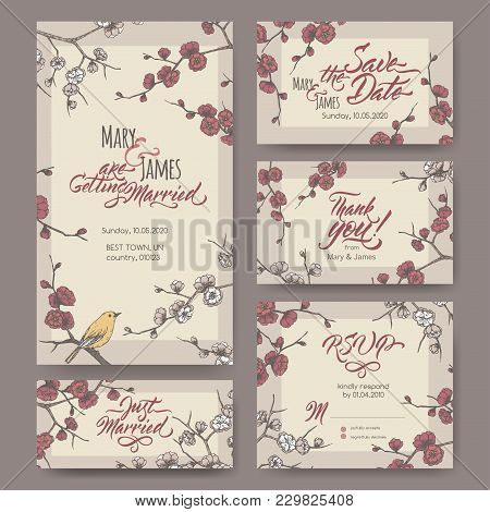 Set Of Five Original Wedding Cards Based On Blooming Plum Color Sketch And Brush Calligraphy. Weddin
