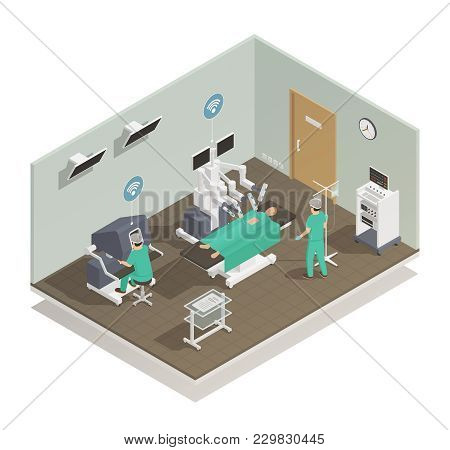 Modern And Future Medical Technologies Isometric Composition With Advanced Robotic Surgeons Assistin
