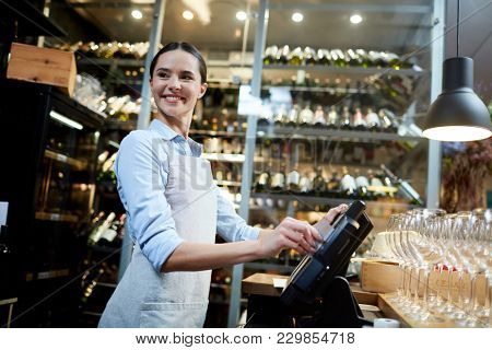 Portrait of attractive cafe owner smile and doing something using cash register