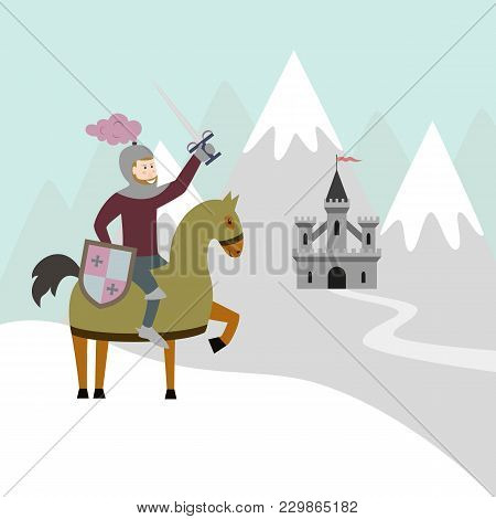 Cartoon Knight On Horseback And Medieval Castle On Snow Mountain. Vector Illustration.