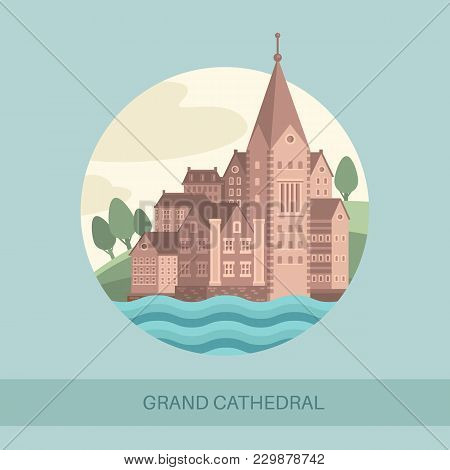 Grand Cathedral Side View Or Screen Of Memorial Architecture. Panorama Of Stone Estate Or Royal Buil