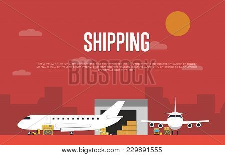 Commercial Air Shipping Service Banner  Illustration. Forklift Truck Loading Cargo Jet Airplane And 