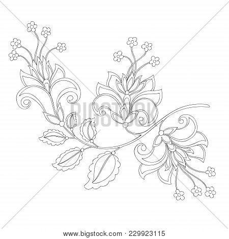 Vector Outline Drawing Of Vintage Fantasy Flower For Coloring And Decoration, Black And White Contou