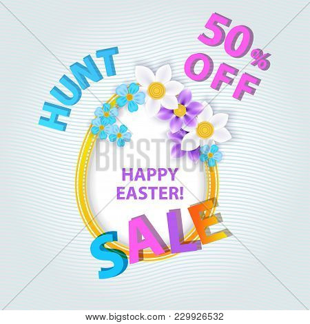 Blue Pink Easter Eggs And White Snowdrops On The Blue Background. Blue Easter Square Banner, White