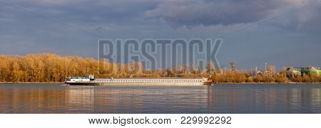 Self-propelled Scow On The River Danube In Budapest.