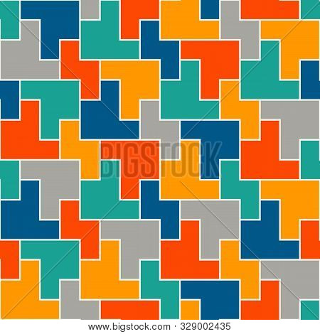 Seamless Pattern With Simple Geometric Ornament. Repeated Puzzle Mosaic Abstract Background. Modern 