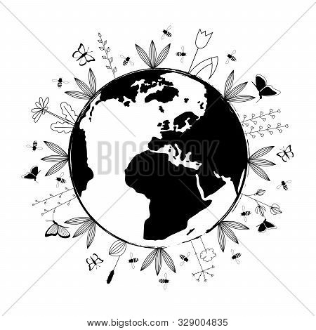 Vector Illustration. Black And White Planet Earth With Flowers, Butterflies And Bees Around.