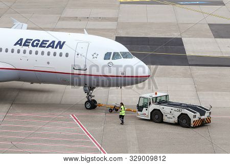 Airplane Push Back In Dusseldorf Airport