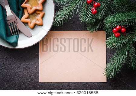 Christmas Festive Table Setting With Xmas Decorations. Christmas Background In Rustic Stile, Place F