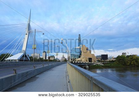 Winnipeg, Manitoba/canada - September 2019: The Museum For Human Rights And Bridge At Dusk, On [sept