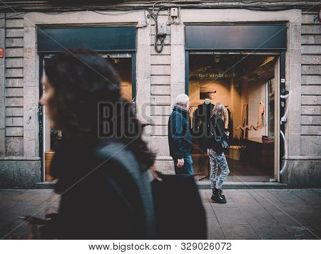 Barcelona, Spain - Nov 14, 2017: Customers Admiring Iconic Medietarnian Fashion Store Med Winds Faca