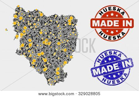 Mosaic Gear Hueska Province Map And Blue Made In Scratched Seal. Vector Geographic Abstraction Model