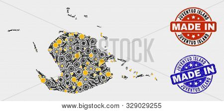 Mosaic Industrial Juventud Island Map And Blue Made In Grunge Seal. Vector Geographic Abstraction Mo