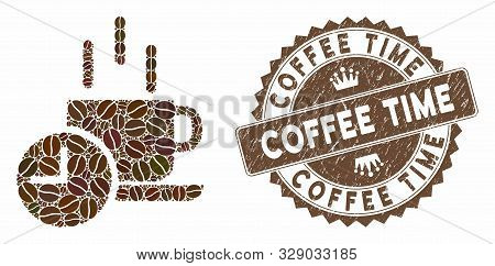 Mosaic Coffee Break And Rubber Stamp Watermark With Coffee Time Caption. Mosaic Vector Coffee Break 