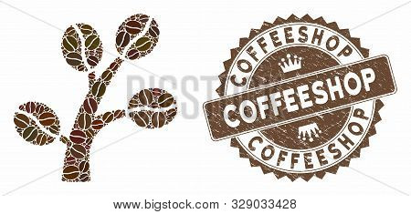 Mosaic Coffee Tree And Distressed Stamp Seal With Coffeeshop Caption. Mosaic Vector Coffee Tree Is C