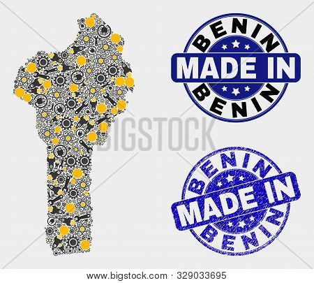 Mosaic Industrial Benin Map And Blue Made In Scratched Seal. Vector Geographic Abstraction Model For