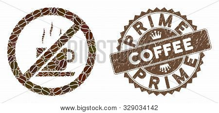 Mosaic Stop Coffee And Rubber Stamp Seal With Prime Coffee Text. Mosaic Vector Stop Coffee Is Compos