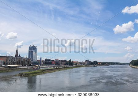 Osijek, Croatia - June 6, 2016: Panorama And Skyline Of Osijek From Drava River With Skyscrapers & T