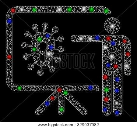Bright Mesh Virus Lecture With Lightspot Effect. White Wire Carcass Triangular Mesh In Vector Format