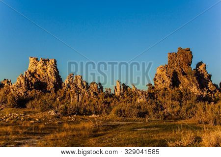 Twilight evening. Mono Lake is a natural wonder of the world. The columns - remains of 