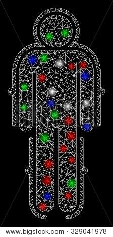 Bright Mesh Exoskeleton Skafandr With Glare Effect. White Wire Frame Triangular Mesh In Vector Forma