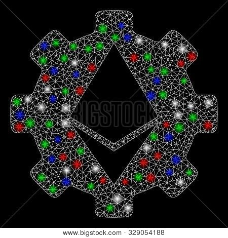 Bright Mesh Ethereum Cog Wheel With Glare Effect. White Wire Carcass Polygonal Mesh In Vector Format