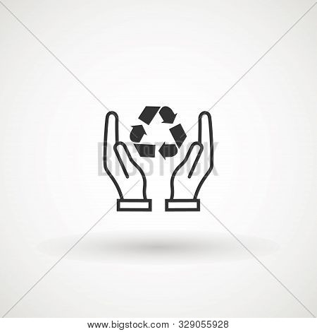 Hands With Recycling Arrows Symbol. Open Hand With Recycling Sign Icon. Pollution Prevention. Stock 