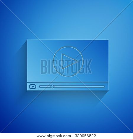 Paper Cut Online Play Video Icon Isolated On Blue Background. Film Strip With Play Sign. Paper Art S