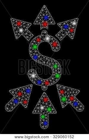 Bright Mesh Payment Broker With Glow Effect. White Wire Frame Triangular Mesh In Vector Format On A 