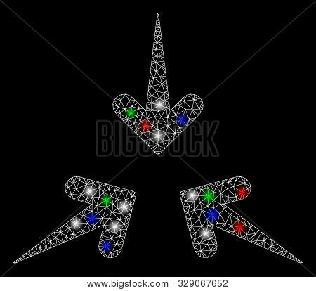 Bright Mesh Impact Arrows With Glare Effect. White Wire Frame Triangular Mesh In Vector Format On A 