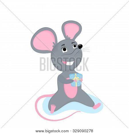 Cartoon Funny Mouse Sits And Holds In Paws A Gift Box. 2020 Year Of The Rat