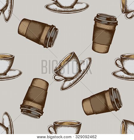 Seamless Pattern With Hand Drawn Colored Coffee Cups, Paper Cup Stock Illustration