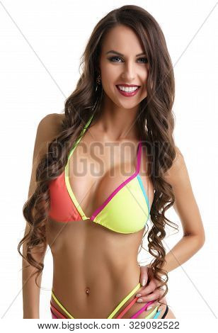 Gorgeous Long Haired Brunette In Colorful Bicini