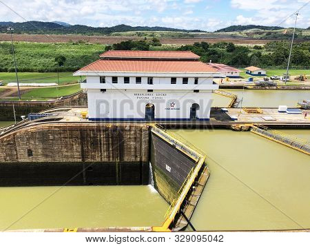Panama, Central America. September 01, 2019 - View On Miraflores Locks In Panama Grand Canal, Shippi